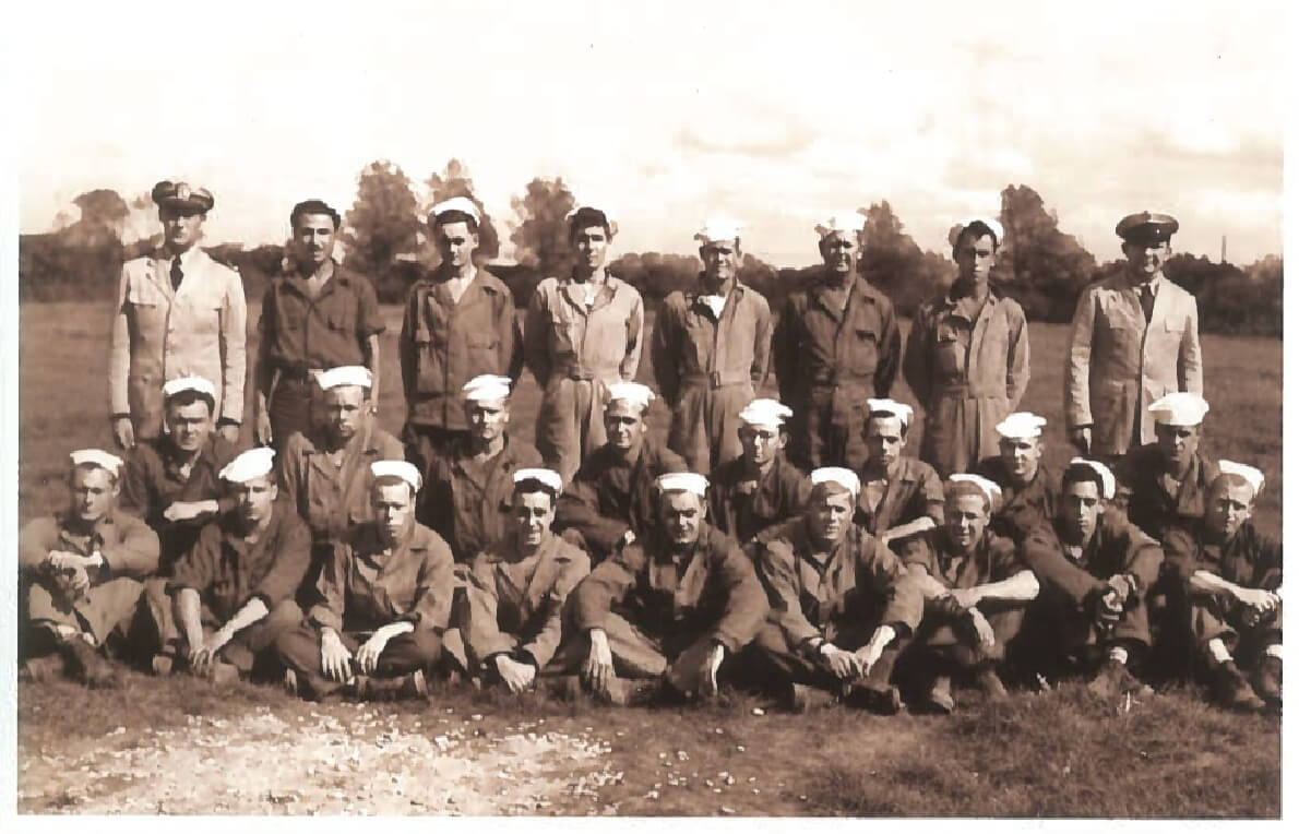 Navy Lt. Donald K. Johnson, far left in back row, and his Seabees unit in France. Photo courtesy: Diane Covington-Carter