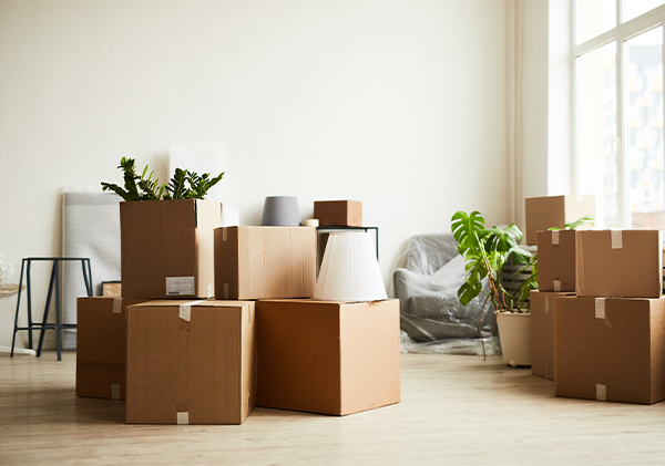 A living room filled with boxes for a military move.