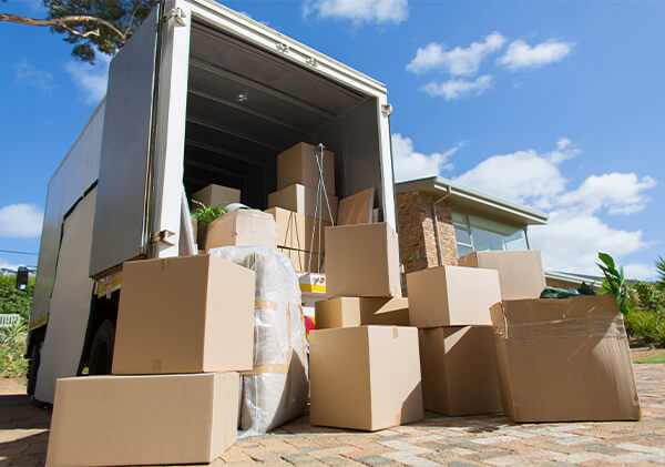A moving van filled with boxes for a military move.