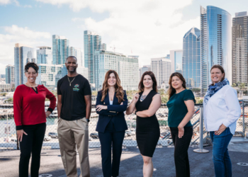 Military entrepreneurs in front of San Diego skyline