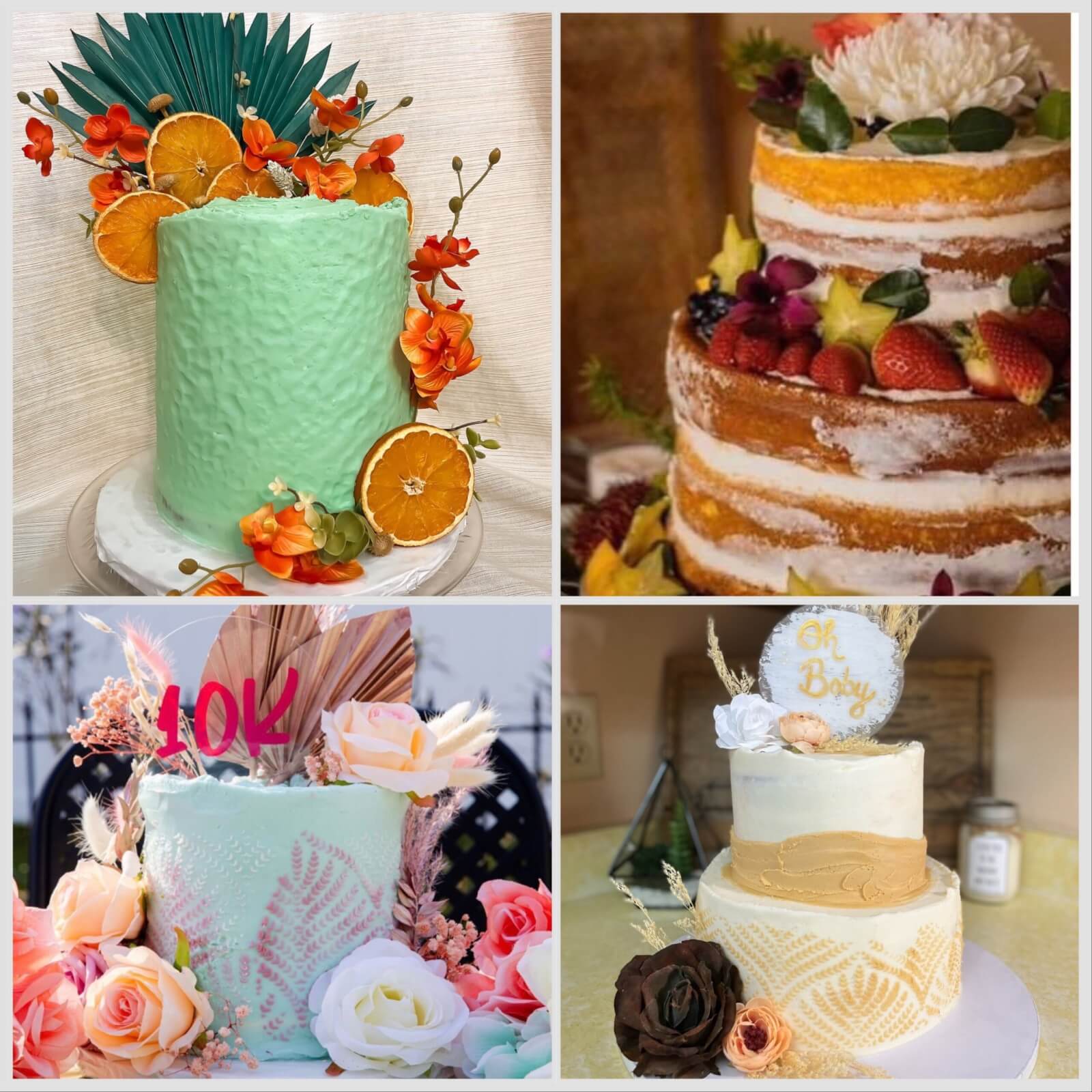 Collage of colorful cakes by Marine-spouse baker Megan Slaton.
