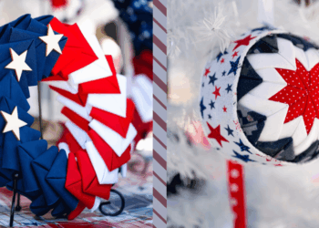 A handmade patriotic wreath with red, white and blue fabric with white stars. A handmade patriotic ornament with red and blue stars on a white background and red, white and blue designs.