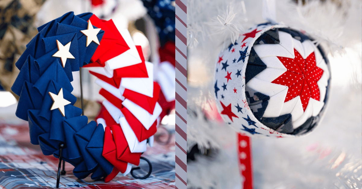 A handmade patriotic wreath with red, white and blue fabric with white stars. A handmade patriotic ornament with red and blue stars on a white background and red, white and blue designs.