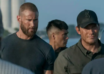 Actors Tom Hopper (Raife Hastings) and Chris Pratt (James Reece). Photo credit: Marni Grossman/Prime. Copyright: © Amazon Content Services LLC.